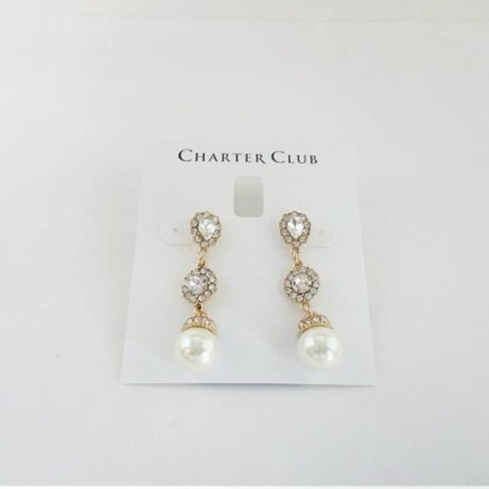 NWT Charter Club Goldtone, Crystal, and Pearl Drop Tower Earrings